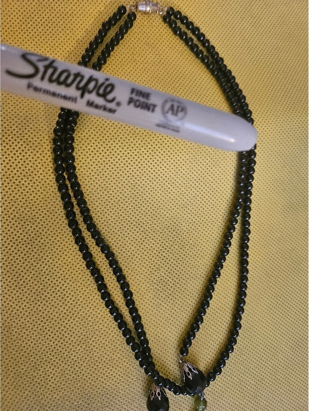Double layer Necklace with black beads dandle stone VTG- unknown origin as shown